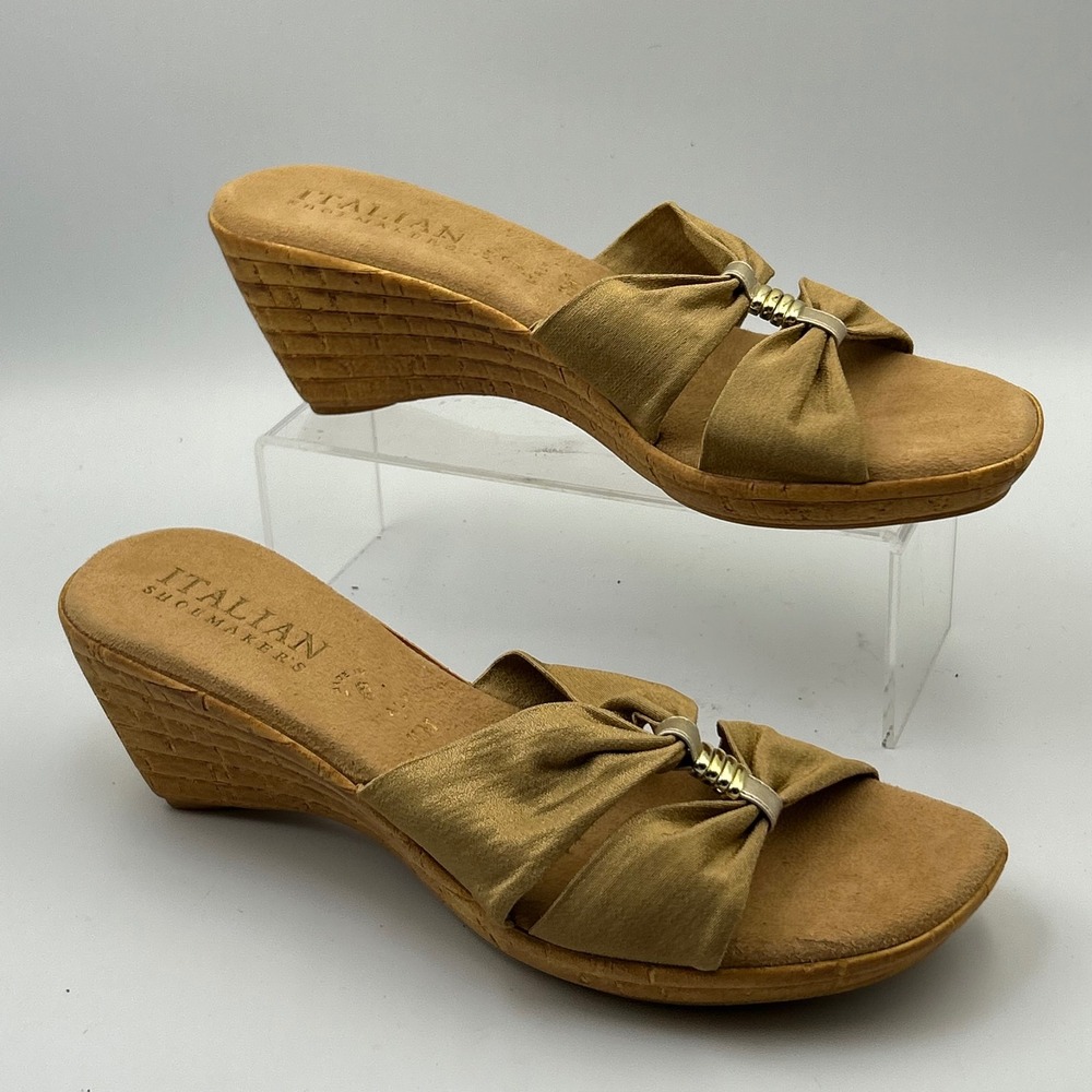 Italian Shoemakers Wedge Sandal Women 11M Gold Metallic Knot Slide Summer Chic
